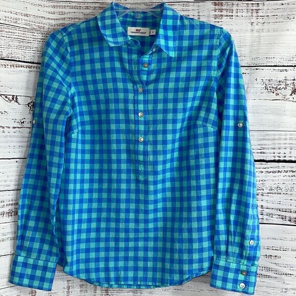 Vineyard vines Shirt Womens Size 2 pop over roll up sleeves gingham Cotton - Picture 3 of 9